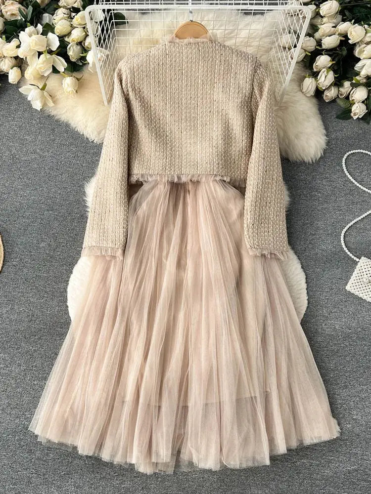 2023 Elegant Woolen Midi Dress with Tweed Jacket