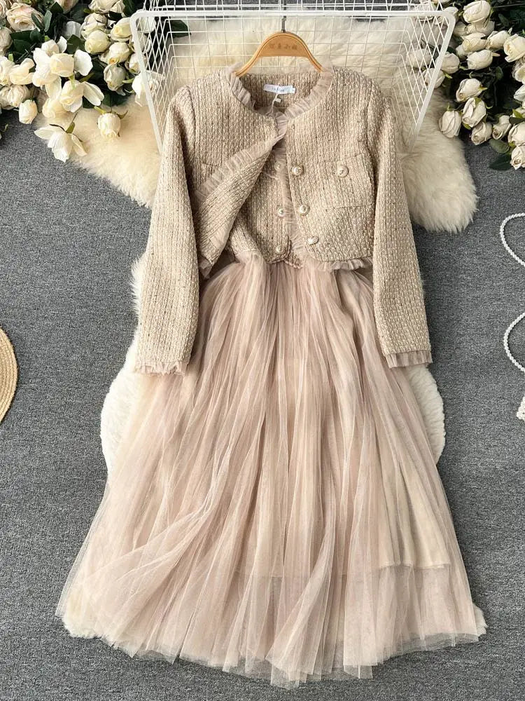 2023 Elegant Woolen Midi Dress with Tweed Jacket