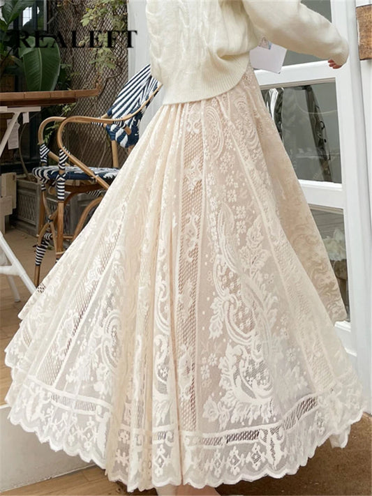 REALEFT Bohemian Lace Crochet Maxi Skirt