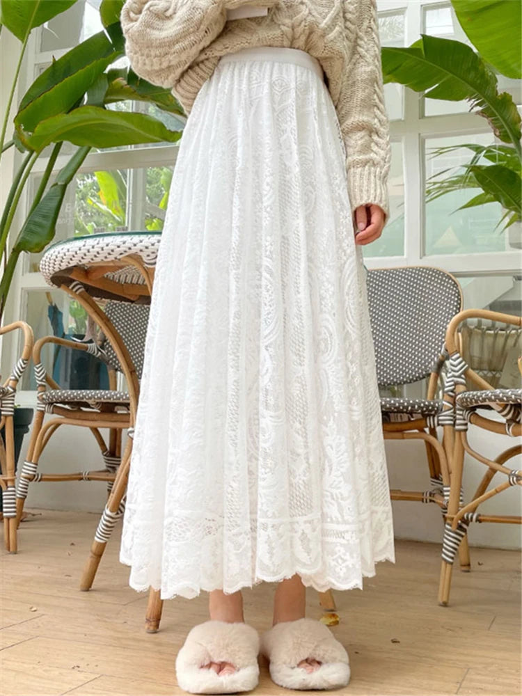 REALEFT Bohemian Lace Crochet Maxi Skirt