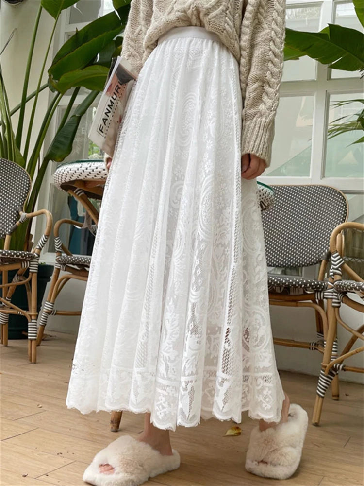 REALEFT Bohemian Lace Crochet Maxi Skirt