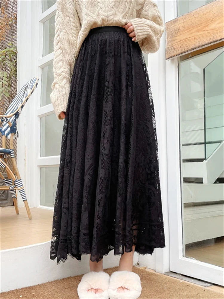 REALEFT Bohemian Lace Crochet Maxi Skirt